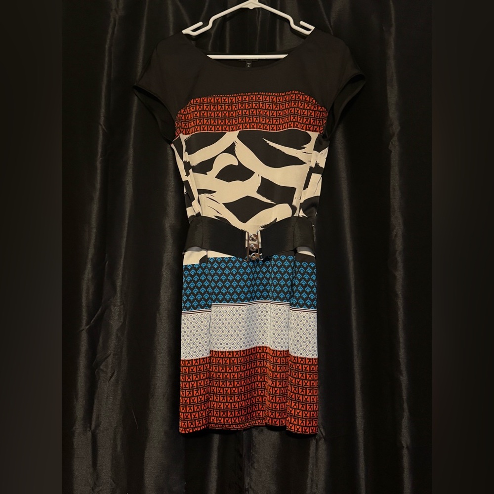 Express Mixed-Print Short Sleeve Belted Mini Dress in Black, White, Red & Blue